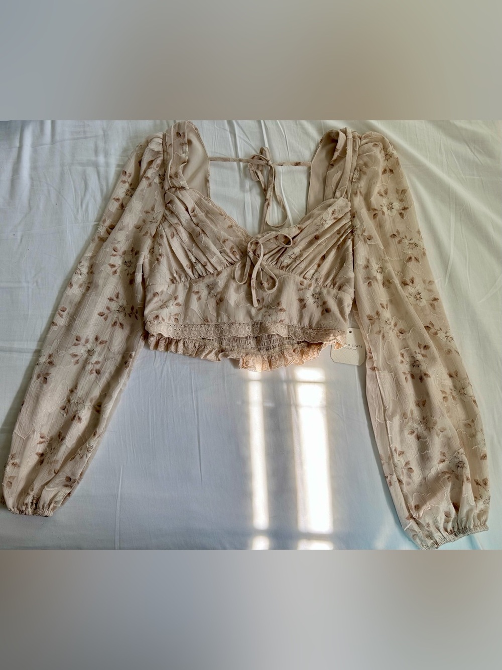 Altar'd State Blush Floral Sheer Tie-Front Crop Top